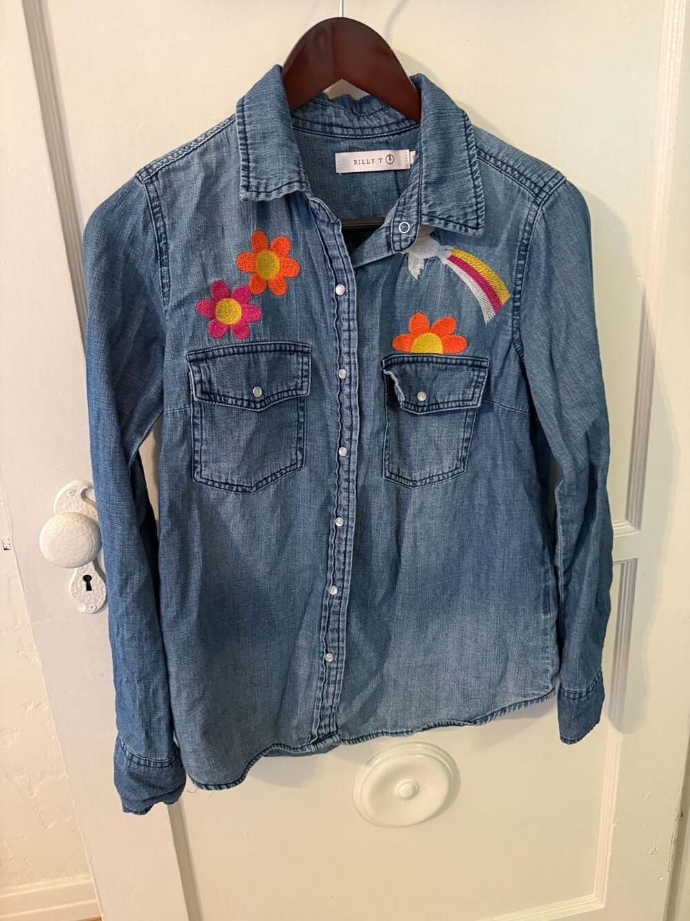 Billy T Embroidered Denim 'Love' Graphic Button-Up Shirt